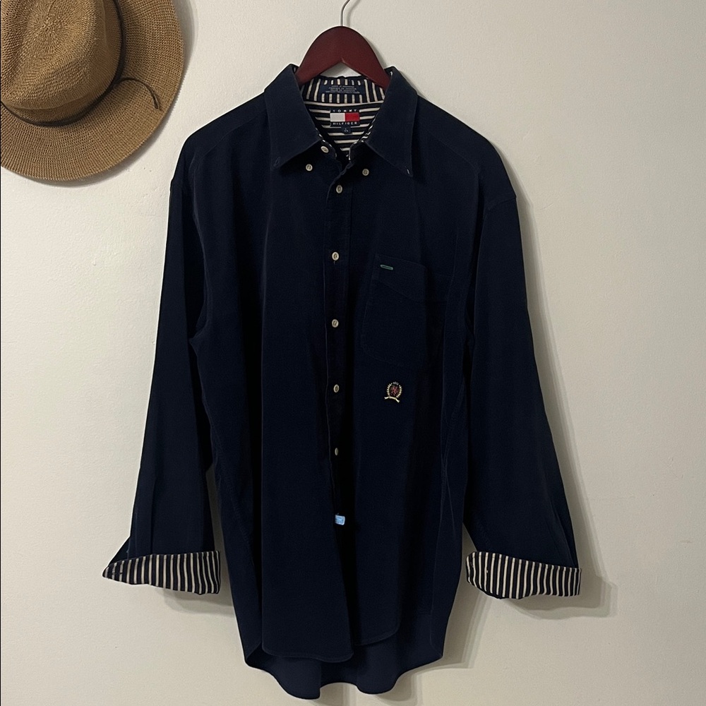 Tommy Hilfiger Navy Button-Up Shirt with Striped Trim